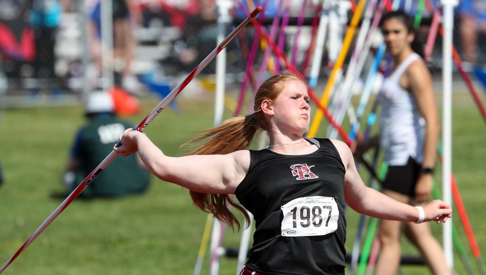 South Kitsap’s Grace Degarimore competes in the 4A javelin during the State Track and Field Championships at Mt. Tahoma High School in Tacoma on Thursday, May 25, 2023.