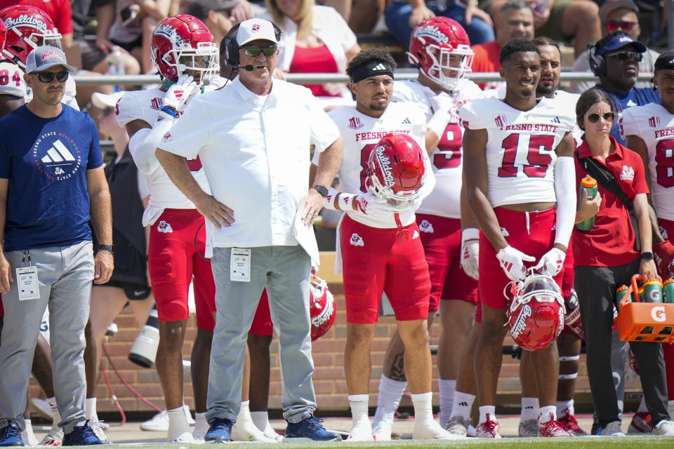 Fresno State head coach Jeff Tedford watches from the sideline as his team plays Purdue during the second half of an NCAA college football game in West Lafayette, Ind., Saturday, Sept. 2, 2023. Fresno State won 38-35. (AP Photo/AJ Mast)