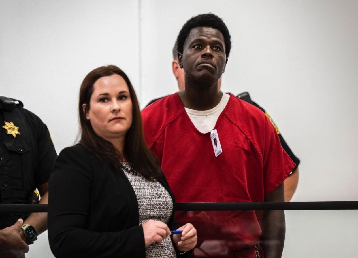 Wesley Brownlee, left, and San Joaquin County public defender Allison Nobert in San Joaquin County Superior Court on Tuesday, Oct. 18, 2022.