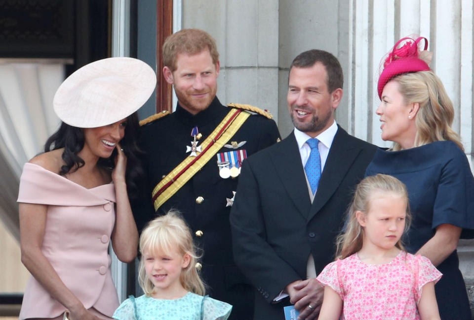 (Left to right) Duchess and Duke of Sussex with Peter and Autumn Phillips and daughters Isla and Savannah on the balcony of Buckingham Palace, in central London, following the Trooping the Colour ceremony at Horse Guards Parade, as Queen Elizabeth II celebrates her official birthday.