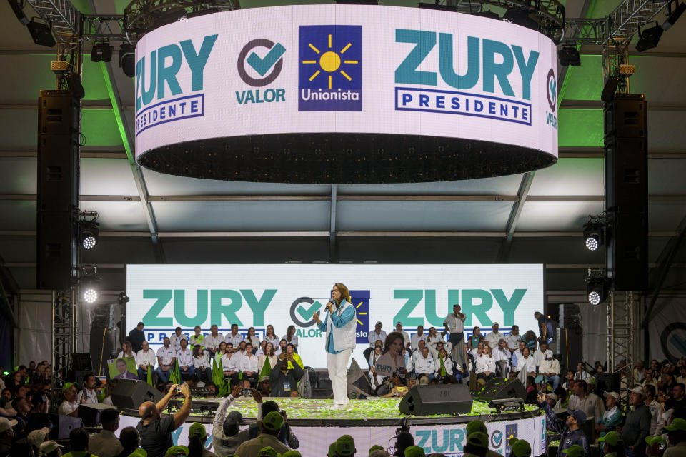 Zury Rios Sosa, presidential candidate for the Valor and Unionista coalition, speaks during a campaign closing rally in Guatemala City, Thursday, June 22, 2023. Guatemalans go to the polls on June 25. (AP Photo/Moises Castillo)