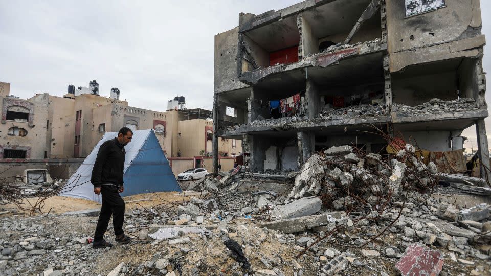 Palestinian Hamada Abu Salima, 59 -years-old, lives in a tent on the ruins of his house that was destroyed by Israeli raids on January 28, 2024 in Rafah, Gaza. - Ahmad Hasaballah/Getty Images