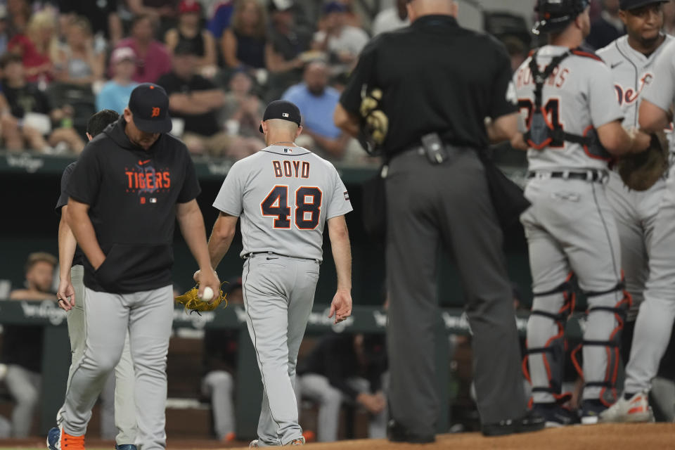 Detroit Tigers starting pitcher Matthew Boyd (48) leaves a baseball game during the first inning against the Texas Rangers in Arlington, Texas, Monday, June 26, 2023. (AP Photo/LM Otero)