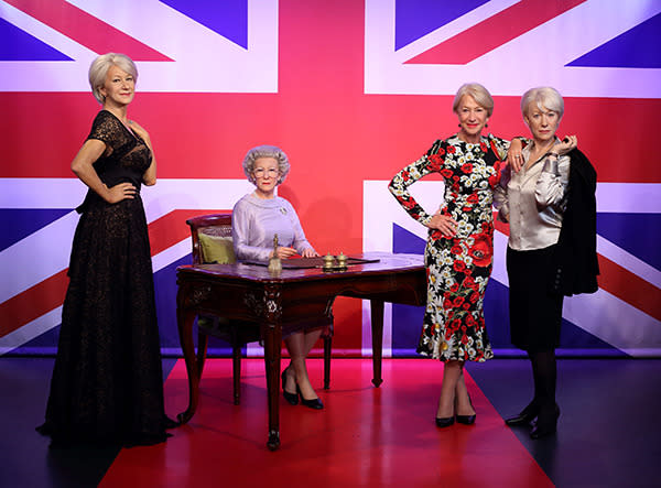 All hail the queen(s)! Dame Helen Mirren had a posh meet-and-greet with her three wax figures – including one dressed as Queen Elizabeth II, whom she depicted in the West End and Broadway productions of <i>The Audience</i>, as well as the 2006 film <i>The Queen</i> – at Madame Tussaud's in London, England.