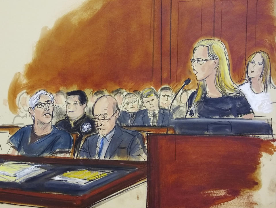 In this courtroom artist's sketch, defendant Jeffrey Epstein, left, listens as accuser Annie Farmer, second from right, speaks during a bail hearing in federal court, Monday, July 15, 2019 in New York. Farmer says she was 16 when she "had the misfortune" of meeting Epstein and later went to spend time with him in New Mexico. Accuser Courtney Wild, right, said in the hearing that she was abused by the wealthy financier in Palm Beach, Florida, starting at age 14. Epstein's lawyers want him released on house arrest to his Manhattan home while he awaits trial. (Elizabeth Williams via AP)
