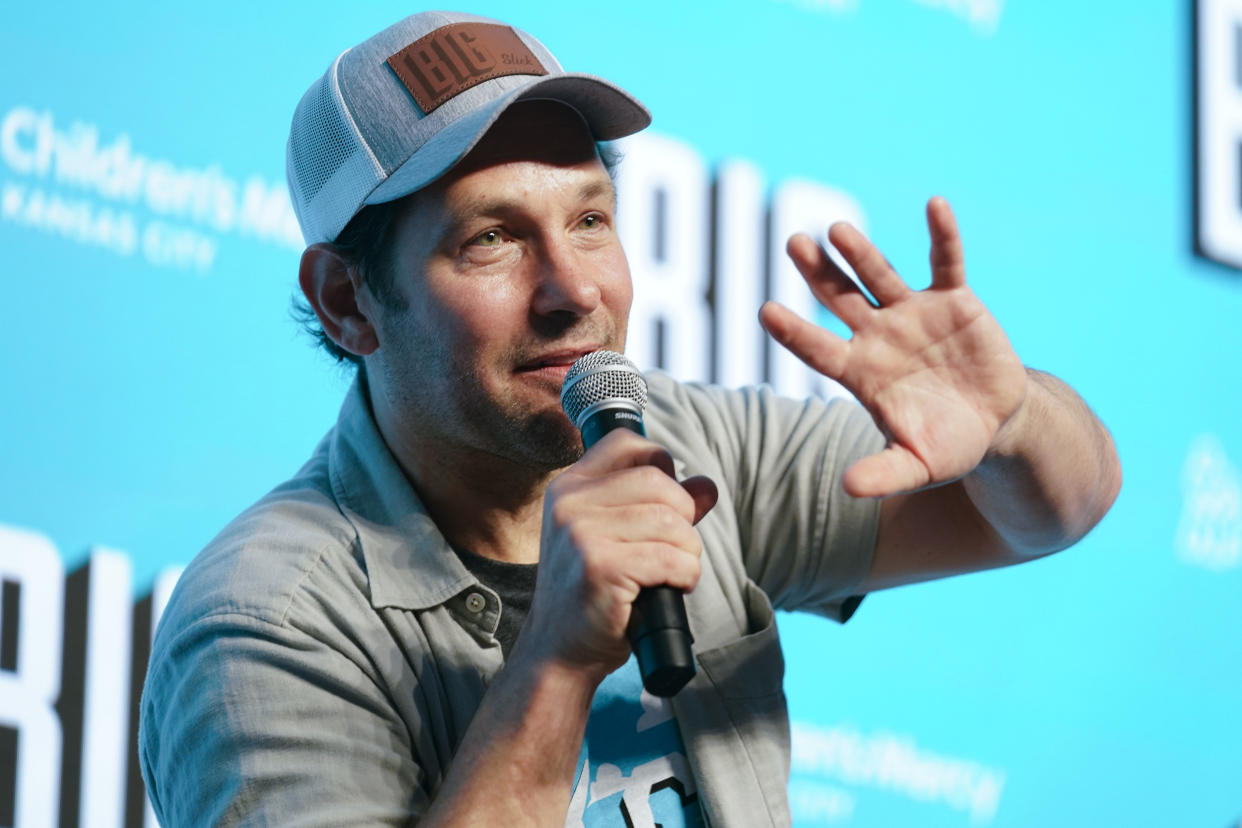 KANSAS CITY, MISSOURI - JUNE 24: Paul Rudd responds to questions during the Big Slick press conference held at Children's Mercy Hospital on June 24, 2022 in Kansas City, Missouri. (Photo by Kyle Rivas/Getty Images)