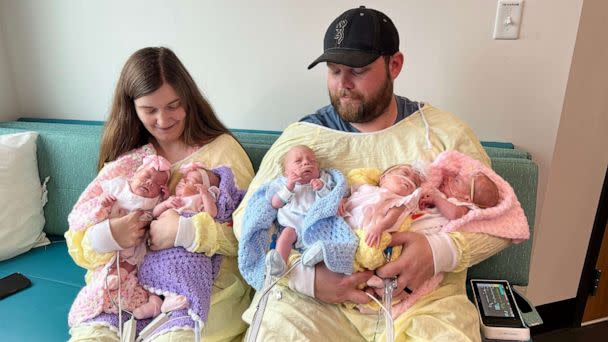 PHOTO: Haylee and Shawn Ladner are parents of quintuplets. The couple were able to hold all five of their babies for the first time on April 9, 2023. (Courtesy of Haylee Ladner)