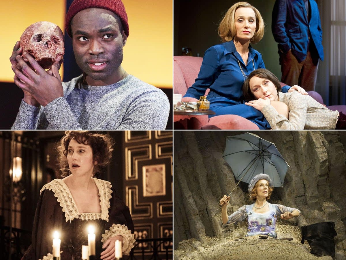 Stagecraft: (clockwise, from top left) Paapa Essiedu as Hamlet, Kristin Scott Thomas and Lia Williams in ‘Old Times’, Juliet Stevenson in ‘Happy Days’, and Hattie Morahan in ‘The Changeling’ (Rex/Geraint Lewis/Shakespeare Globe/Johan Persson)