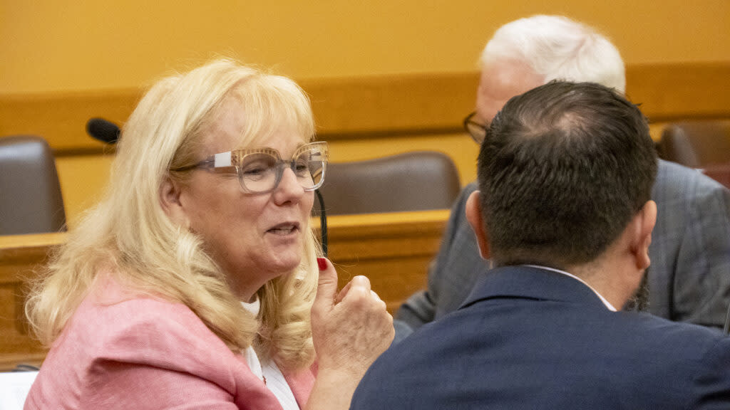 Rep. Susan Concannon, R-Beloit, confers with colleagues during an April 2, 2024, conference committee hearing