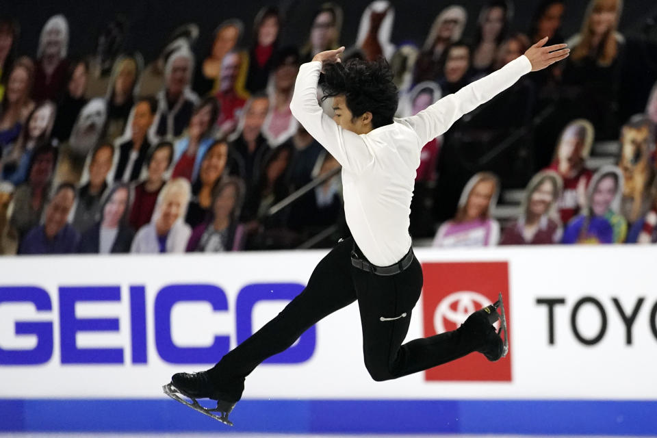 Nathan Chen competes during the men's short program at the U.S. Figure Skating Championships, Saturday, Jan. 16, 2021, in Las Vegas. (AP Photo/John Locher)