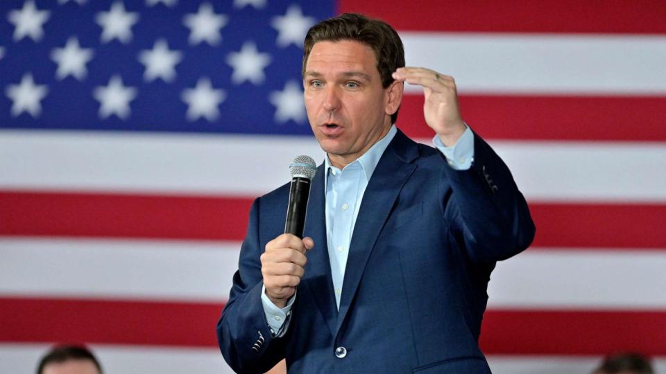 PHOTO: Florida Gov. Ron DeSantis speaks during a town hall event in Hollis, N.H., June 27, 2023. (Josh Reynolds/AP)