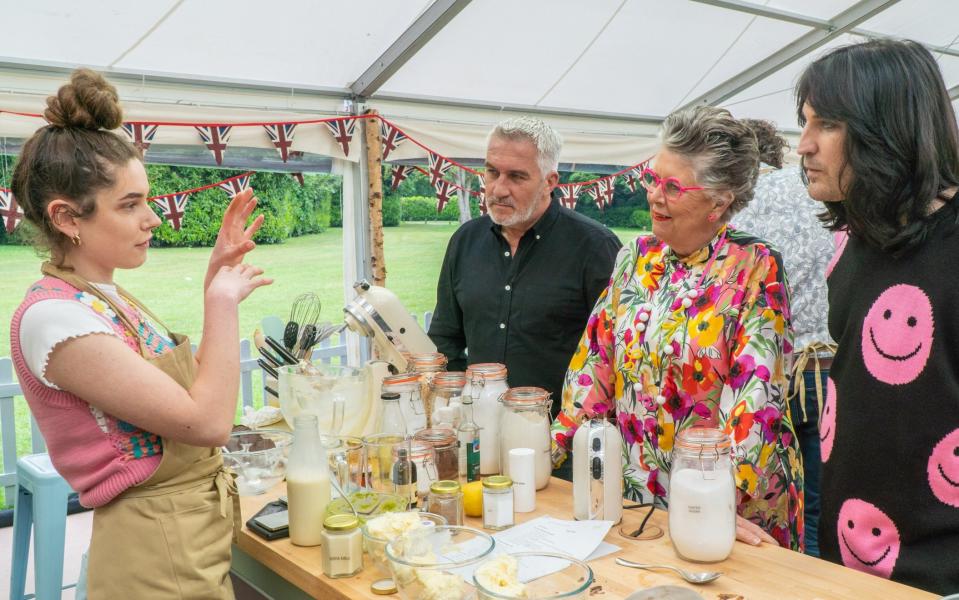 Noel, Prue and Paul with Freya, on The Great British Bake Off - Channel 4