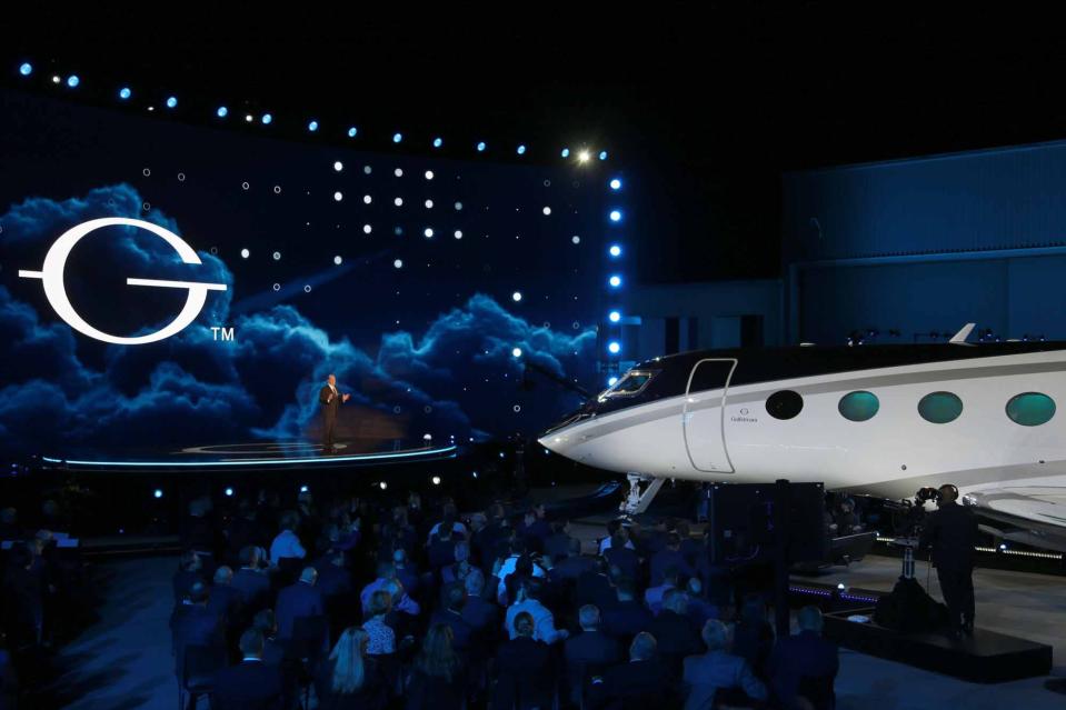 Mark Burns, president Gulfstream Aerospace introduces the G800 Monday night during a special presentation at Gulfstream headquarters in Savannah. Burns also announced the new G400 during the event.