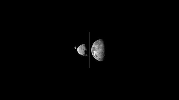 This illustration shows how big the moons of Mars appear from the surface of Mars, compared to the size of Earth's moon as seen from Earth's surface. Deimos (far left) and Phobos are shown together as they actually were photographed by NASA's M