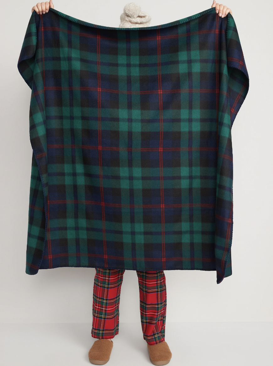 Patterned Microfleece Blanket for the Family in green/blue plaid (Photo via Old Navy)