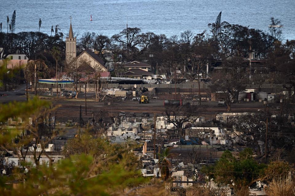 Destroyed homes and businesses are seen in the aftermath of the Maui wildfires in Lahaina, Hawaii.