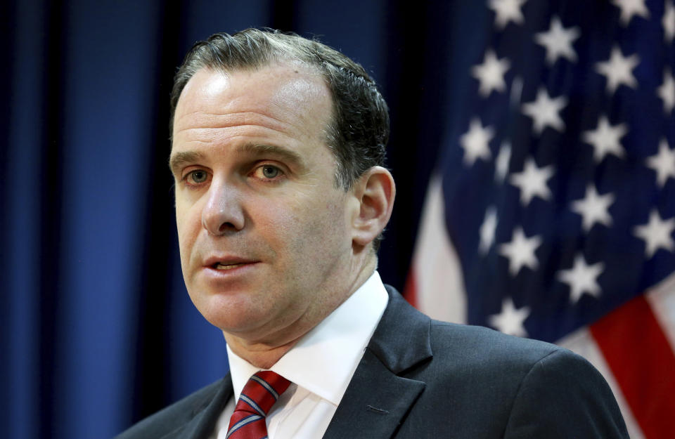 FILE - In this June 7, 2017 file photo, Brett McGurk, the U.S. envoy for the global coalition against IS, speaks during a news conference at the U.S. Embassy Baghdad, Iraq. McGurk has resigned in protest to President Donald Trump’s abrupt decision to withdraw U.S. troops from Syria, joining Defense Secretary Jim Mattis in an administration exodus of experienced national security officials. AP Photo/Hadi Mizban)