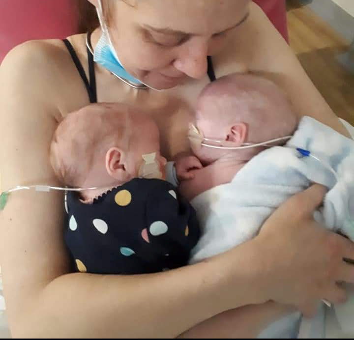 French with twins Rupert and Molly shortly after their birth. (Jennifer French/SWNS)