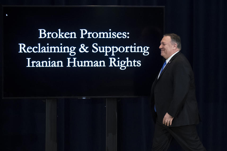 Secretary of State Mike Pompeo arrives to deliver remarks on human rights in Iran at the State Department in Washington, Thursday, Dec. 19, 2019. (AP Photo/Matt Rourke)