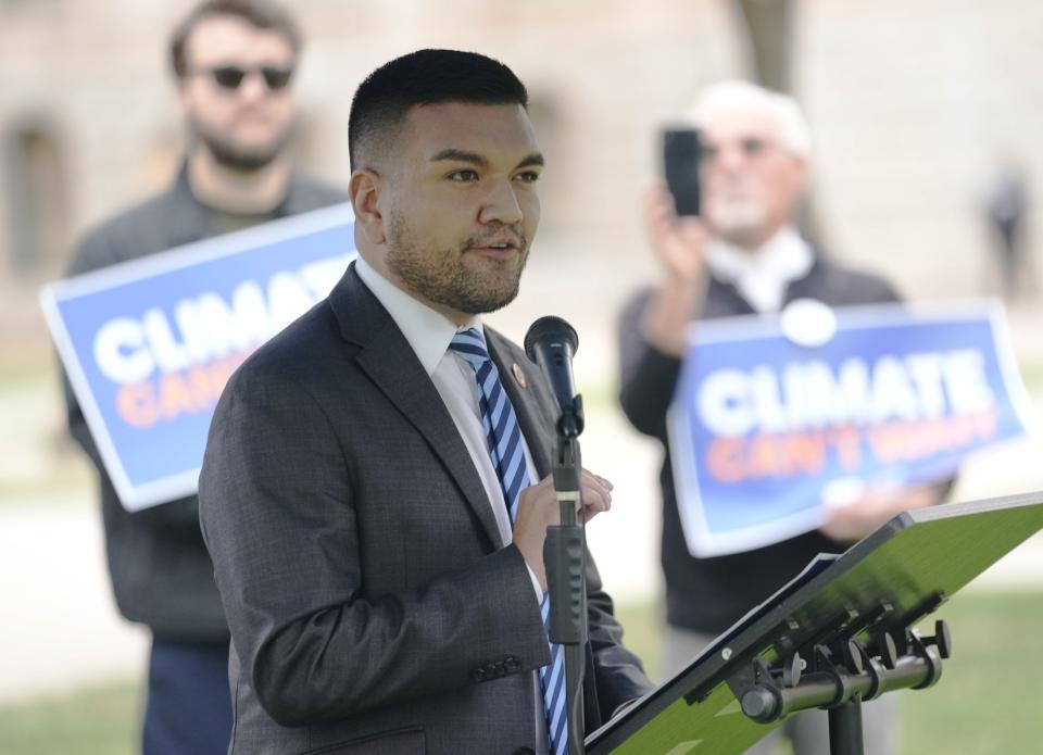 Minority Leader Rep. Andres Cano speaks in favor of clean air at the Arizona Capitol in Phoenix on March 20, 2023. Organizers were calling for stronger state protections from air pollution and particulate matter.