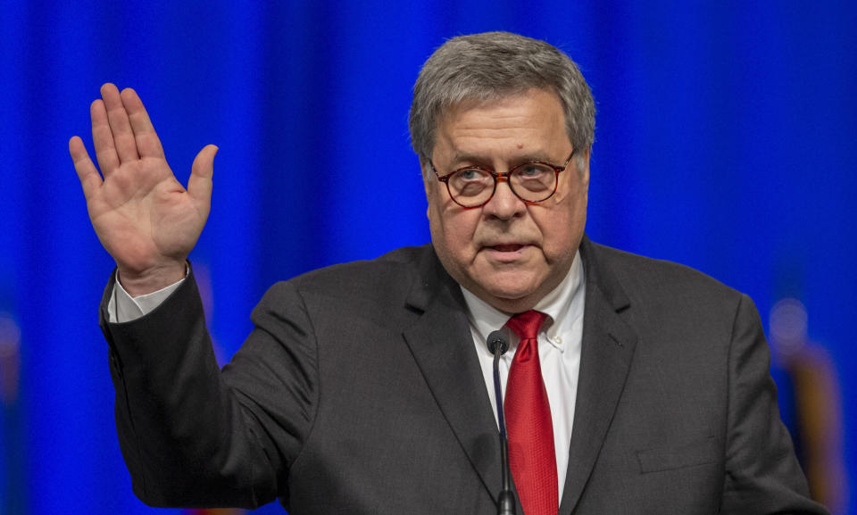 United States Attorney General William Barr, waves to the crowd, after addressing the Grand Lodge Fraternal Order of Police's 64th National Biennial Conference at the Ernest N. Morial Convention Center on Convention Blvd. in New Orleans, La. Monday, Aug. 12, 2019. Barr said Monday that there were “serious irregularities” at the federal jail where Jeffrey Epstein took his own life this weekend as he awaited trial on charges he sexually abused underage girls. (David Grunfeld/The Advocate via AP)