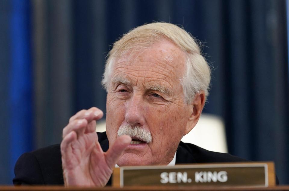 FILE - U.S. Sen. Angus King, I-Maine, speaks during a Senate Rules and Administration Committee hearing to examine the Electoral Count Act, Aug. 3, 2022, on Capitol Hill in Washington. King said Monday, Jan. 9, 2023, that it would be a mistake for the U.S. to withdraw support of Ukraine. The senator, who sits on the armed services committee and recently visited Ukraine, said it would be similar to the U.S.'s failure to get involved in Europe previous to World War II. (AP Photo/Mariam Zuhaib, File)