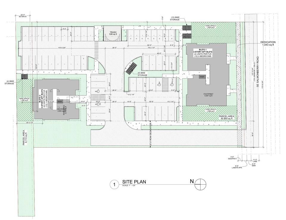 A site plan that shows the design of two 3-story residential multifamily apartment buildings, parking areas and yard space. The location of the proposed construction project is at 1695 SE Salmonberry Road in Port Orchard.