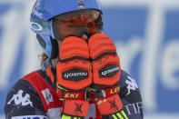 United States' Mikaela Shiffrin checks her time at the finish area of an alpine ski, women's World Cup giant slalom race, in Are, Sweden, Friday, March 10, 2023. Shiffrin has won her record-tying 86th World Cup race with victory in a giant slalom, matched the overall record set by Swedish great Ingemar Stenmark 34 years ago. (AP Photo/Alessandro Trovati)