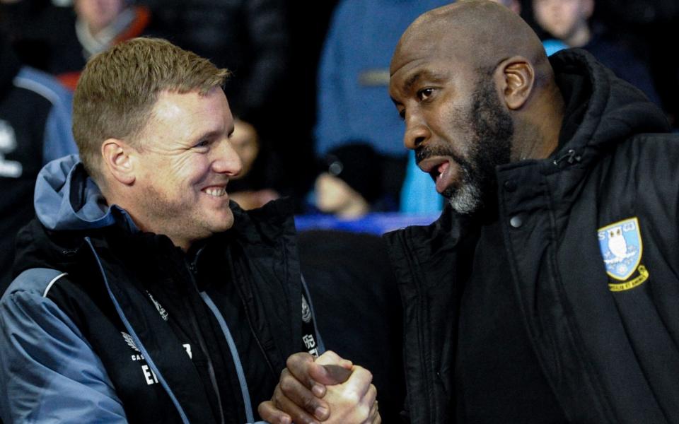 Darren Moore shakes hands with Eddie Howe - ‘Pep, Rafa, Jose – they are just normal guys’: Inside the inner sanctum of management - Serena Taylor/Getty Images