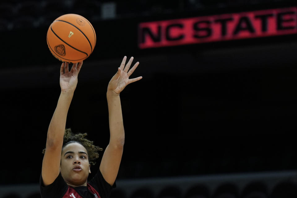 North Carolina State's Madison Hayes shoots during a practice for an NCAA Women's Final Four semifinals basketball game Thursday, April 4, 2024, in Cleveland. (AP Photo/Carolyn Kaster)