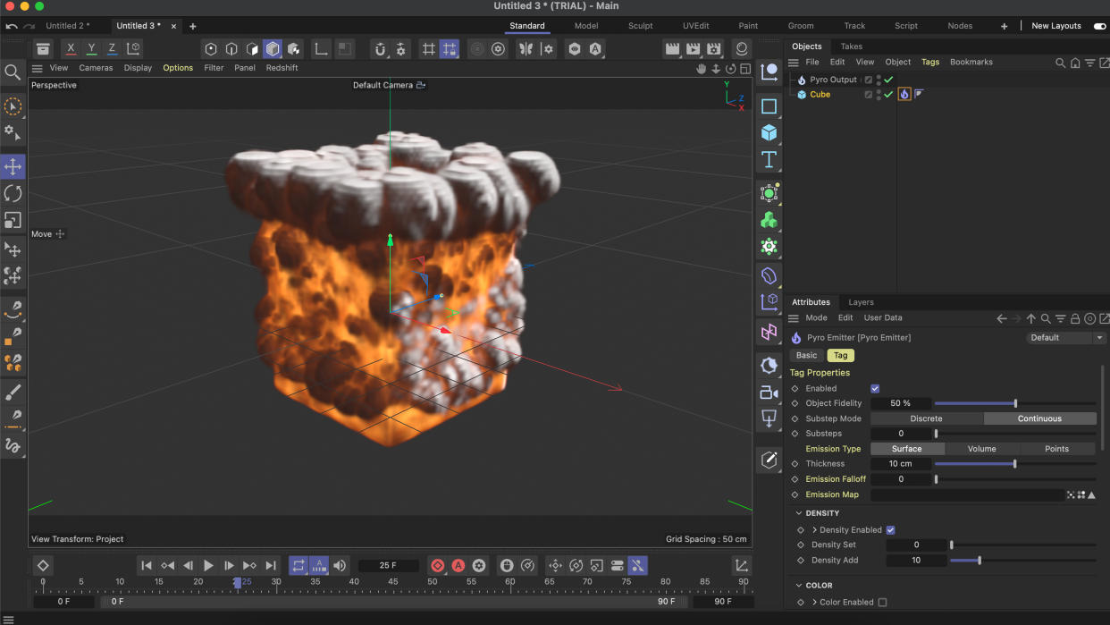  A screenshot of a pyrotechnic effect in Cinema 4D 2024. 