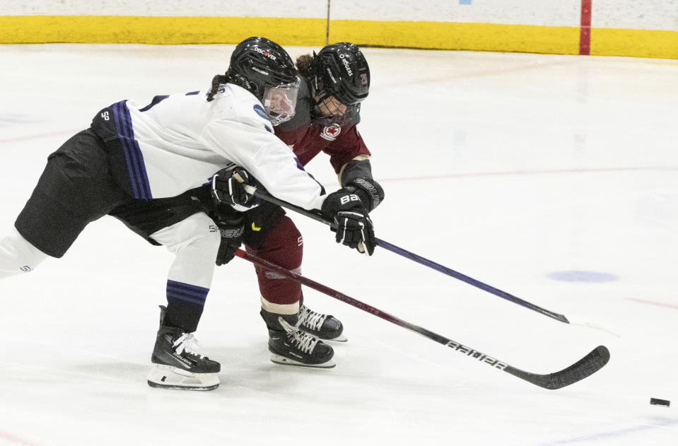 Minnesota's Sofie Jacques, left, and Montreal's Sarah Bujold vie for the puck during the second period of a PWHL hockey game Thursday, April 18, 2024, in Montreal. (Christinne Muschi/The Canadian Press via AP)