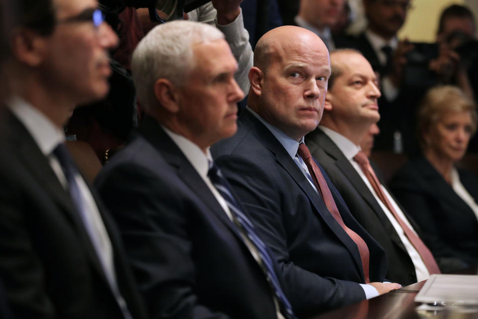 Treasury Secretary Steven Mnuchin, Vice President Mike Pence, acting U.S. Attorney General Matthew Whitaker, Labor Secretary Alex Acosta and other members of President Donald Trump's cabinet meet at the White House January 02, 2019, in Washington, D.C. (Photo: Chip Somodevilla via Getty Images)