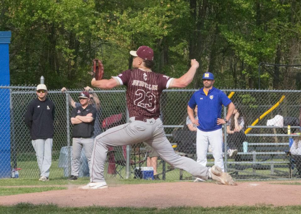 Arlington's Eric Servellon throws a pitch. Arlington defeated Mahopac in the regular season finale on May 10, 2023.