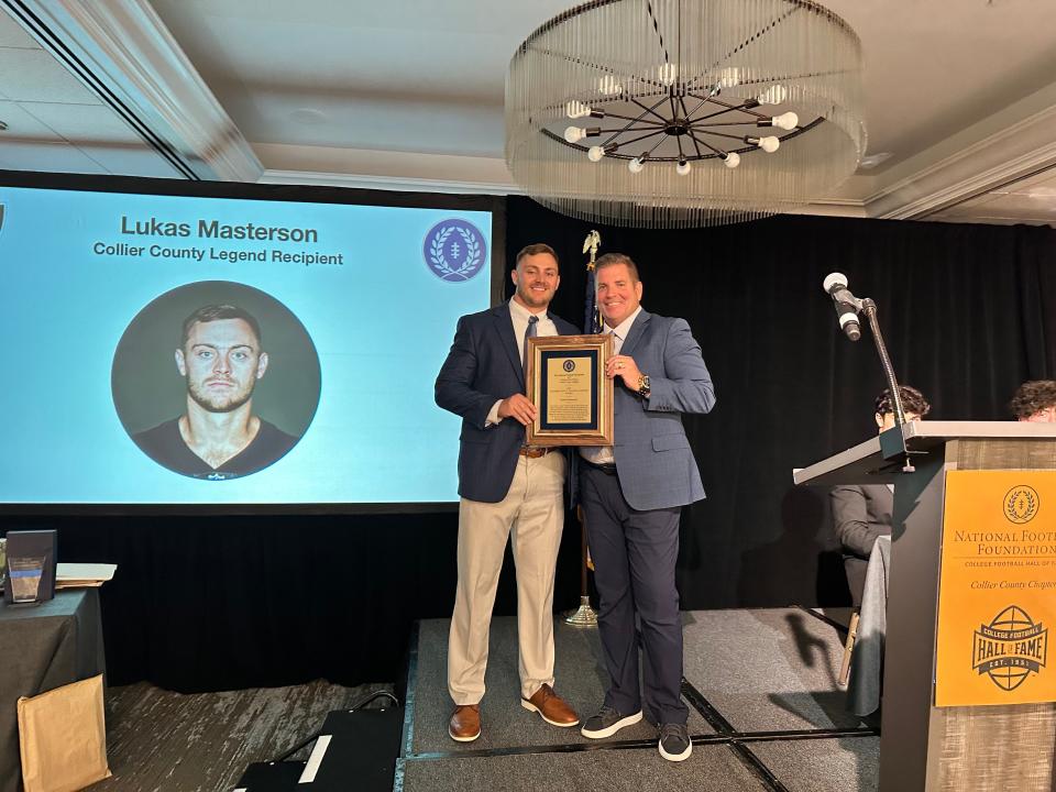 Former Gulf Coast linebacker Lukas Masterson was the recipient of the Collier County Legend award. Masterson is now a starting linebacker for the Las Vegas Raiders.