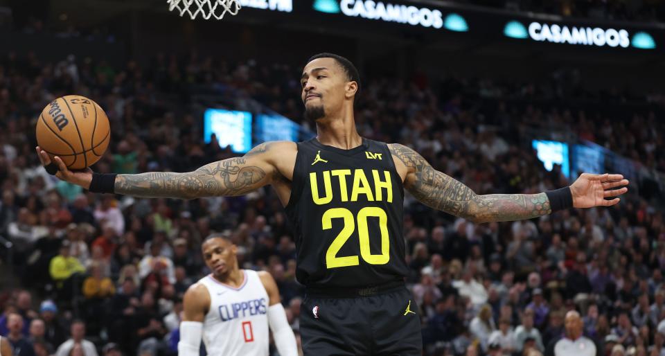 Utah Jazz forward John Collins (20) holds the ball after whistle in Salt Lake City on Friday, Oct. 27, 2023. The Jazz won 120-118. | Jeffrey D. Allred, Deseret News