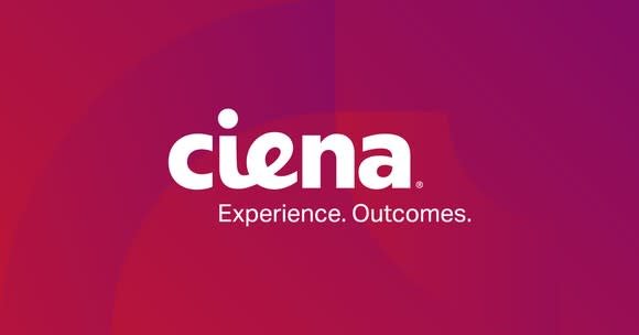 White Ciena logo and slogan against a red background.