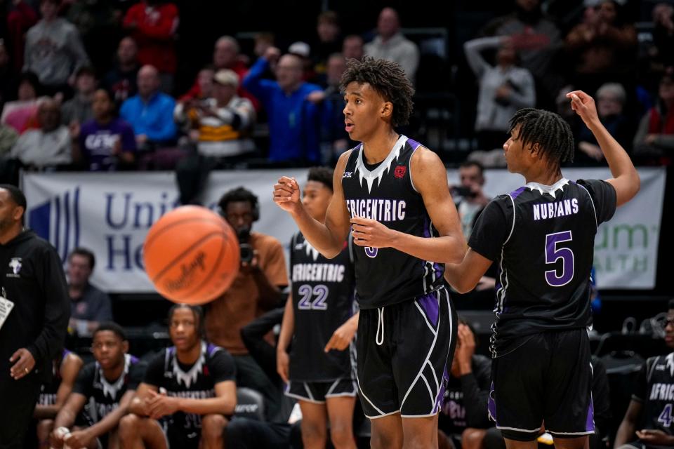 Mar 18, 2023; Dayton, Ohio, United States;  Africentric's Dailyn Swain (3) waits to see if his basket will be counted during overtime in the OHSAA Division III boys basketball semifinal game at the University of Dayton Arena. Mandatory Credit: Joseph Scheller-The Columbus Dispatch