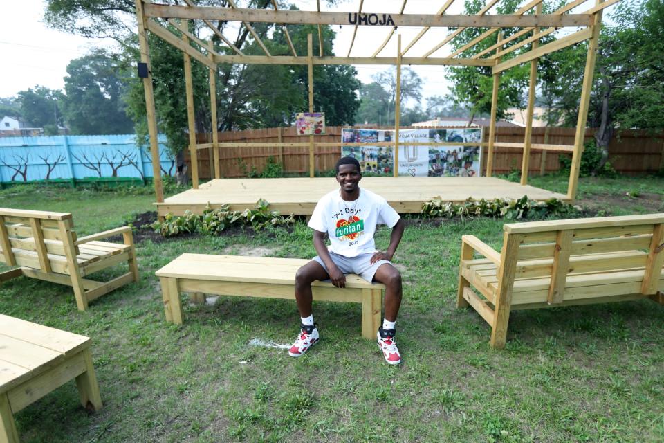 Jerjuan Howard at the Umoja Village on Thursday June 29, 2023. Howard has repurposed this lot on the corner of Stansbury and Puritan that includes a stage for activities like yoga, several raised bed gardens full of vegetables he hopes to give to neighbors and educate local youths about growing their own food and sitting areas for people to gather and talk about community issues.