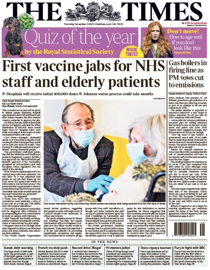 The Times front page focused on who will get the vaccine first.