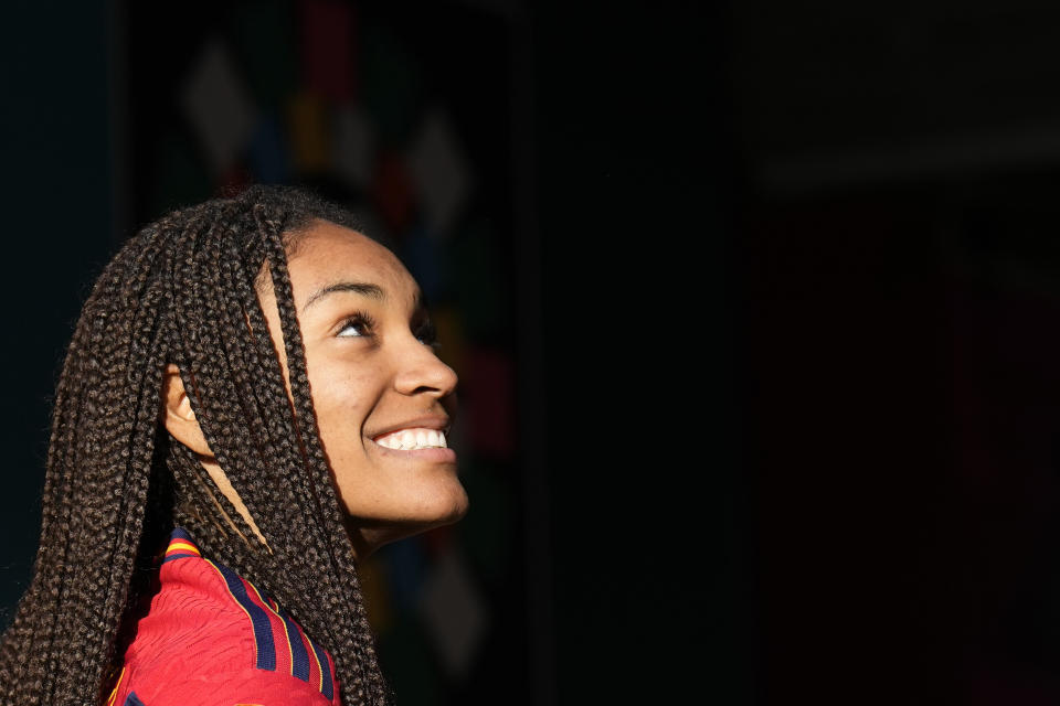 Spain's Salma Paralluelo smiles as she leaves the pitch at the end of the Women's World Cup quarterfinal soccer match between Spain and the Netherlands in Wellington, New Zealand, Friday, Aug. 11, 2023. (AP Photo/Alessandra Tarantino)