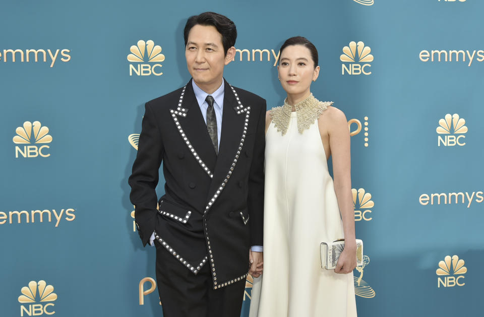 Lee Jung-Jae, left, and Lim Se Ryung arrive at the 74th Primetime Emmy Awards on Monday, Sept. 12, 2022, at the Microsoft Theater in Los Angeles. (Photo by Richard Shotwell/Invision/AP)