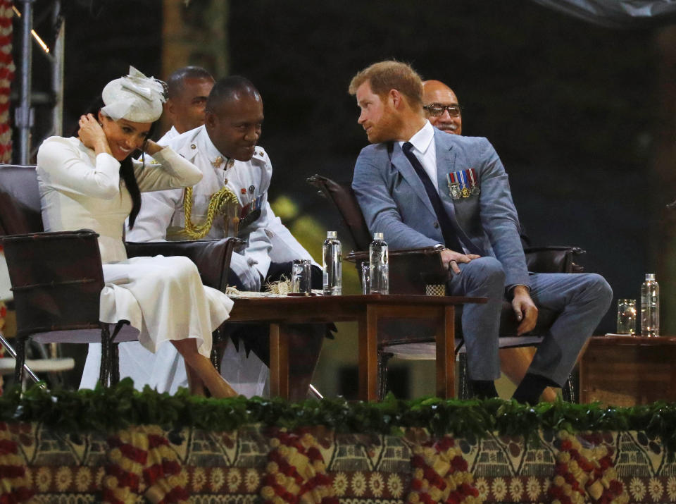 Britain’s Prince Harry and Meghan, the Duchess of Sussex attend an official welcome ceremony at Albert Park as they arrive in Suva, Fiji October 23, 2018. REUTERS/Phil Noble