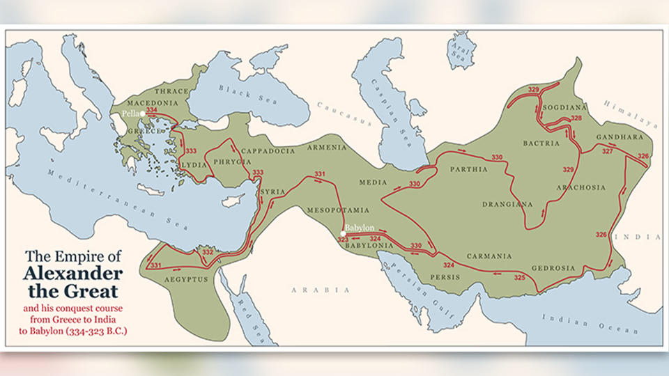 A map of Europe with yellow land and blue sea. The green piece depicts the rule of Alexander the Great's empire.