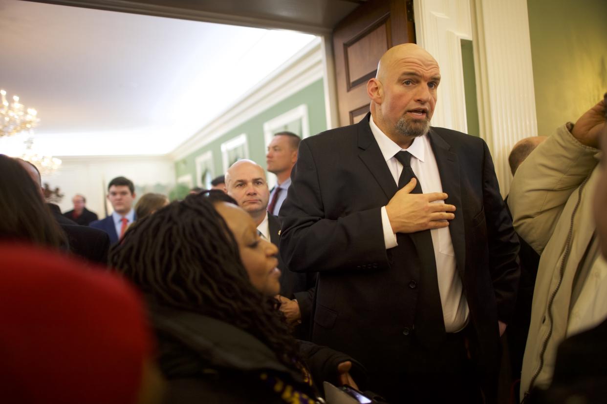 Democratic Lt. Gov. John Fetterman of Pennsylvania speaks with supporters during an open house event at the residence of Governor Tom Wolf (D - PA) after the inauguration ceremony on Jan. 15, 2019, in Harrisburg, Pa. (Mark Makela/Getty Images)