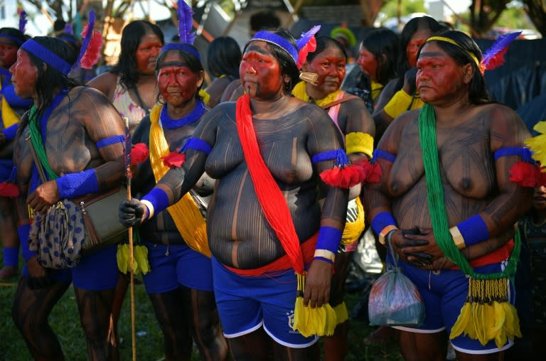 Brazilian indigenous women from the Xikrin tribe are pictured at the Acampamento Terra Livre (Free Land Camp) in Brasilia