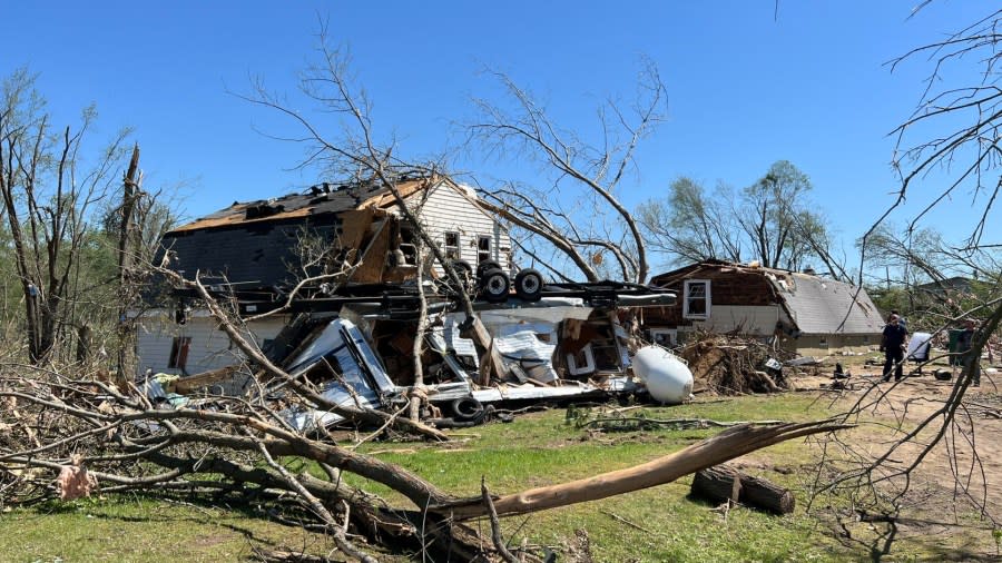 Damage in Sherwood, which was placed under a tornado emergency during the storms. (May 8, 2024)