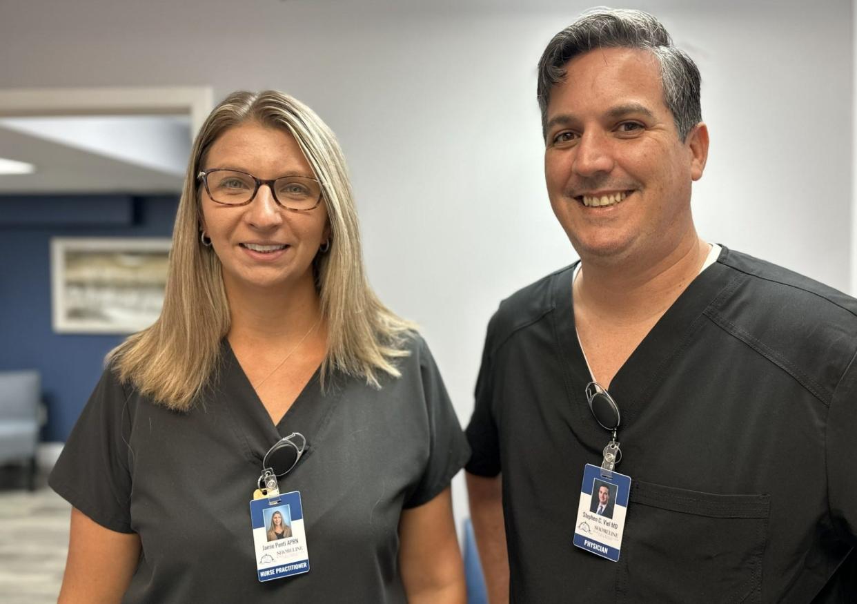 Jamie Ponti, an advanced practice registered nurse, and Dr. Stephen Viel show off their new practice, Shoreline Medical Addiction Treatment in Edgewater on Tuesday, Aug. 1, 2023.