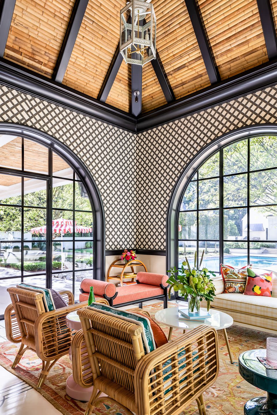 pool house with trellis wallpaper