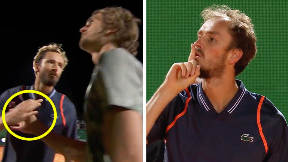 Daniil Medvedev and Zverev in a frosty handshake and Medvedev gesturing towards the crowd.